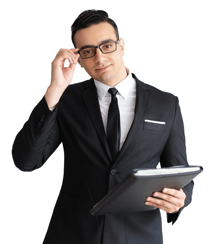 serious handsome young businessman adjusting glasses holding folder min