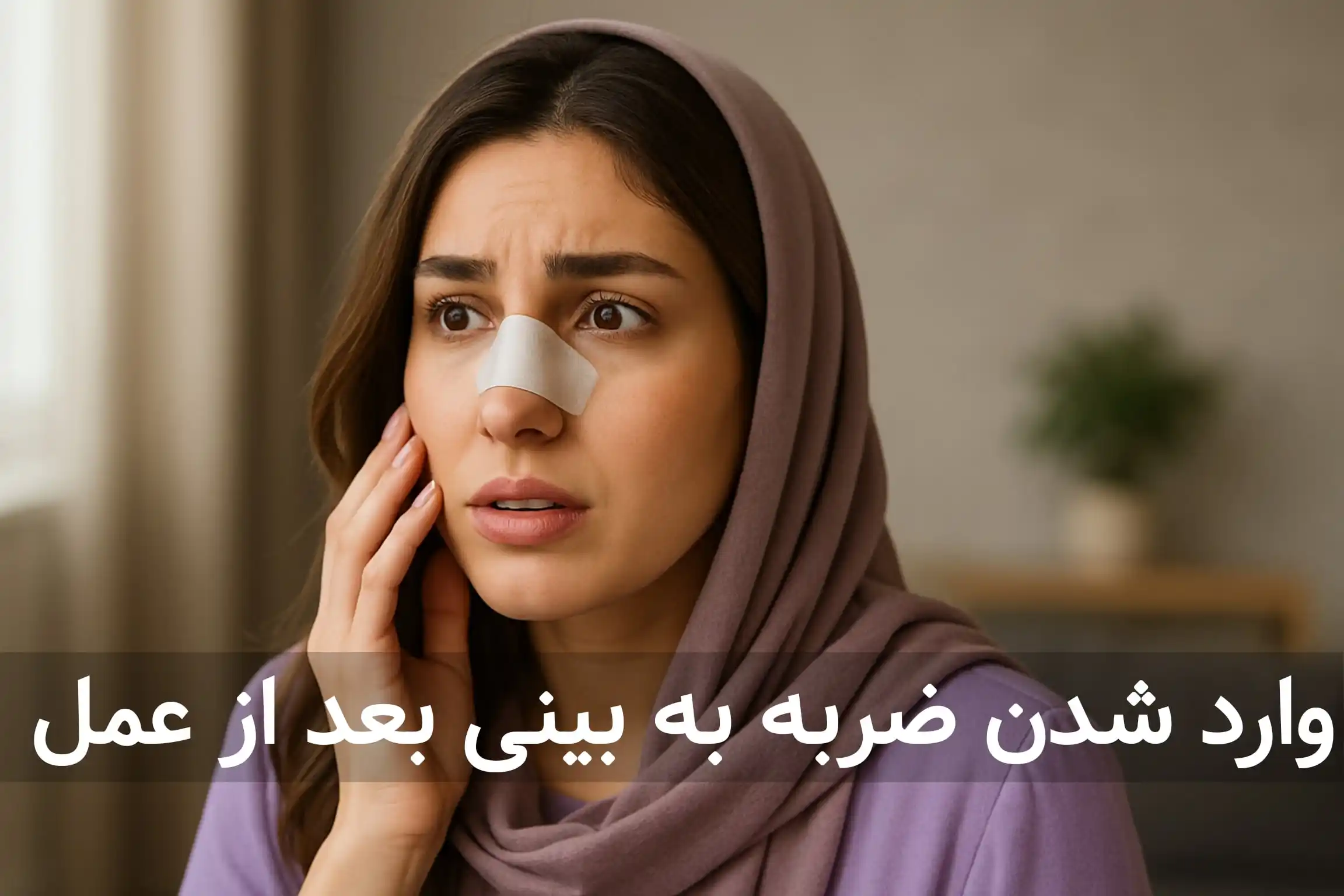 خانم نگران از وارد شدن ضربه به بینی بعد از عمل